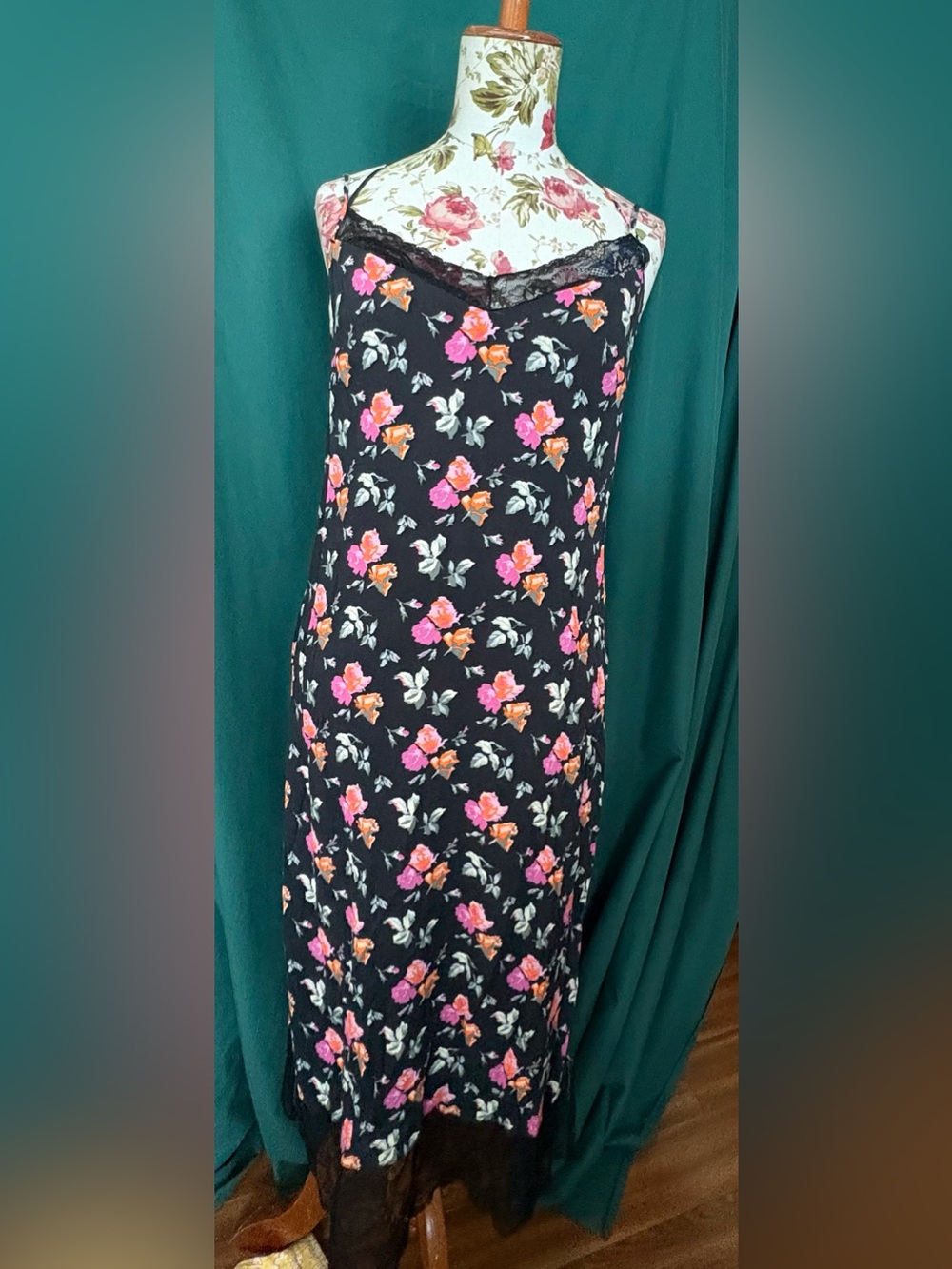 Zara Black Midi Slip Dress with Pink & Orange Floral Print